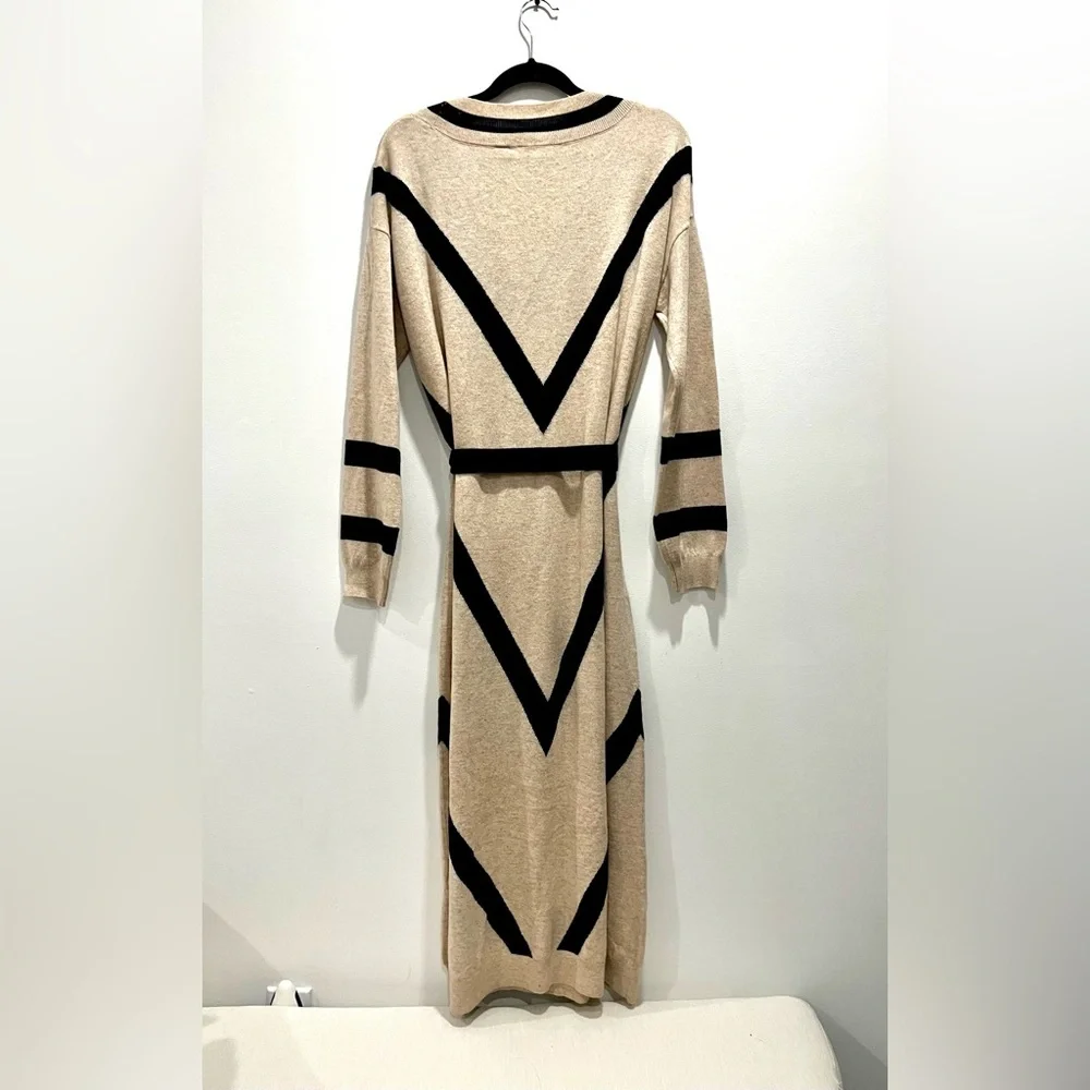 Ted Baker Merino Wool Cashmere Knit Long Sleeve Cream Black Midi Sweater Dress - Picture 6 of 9